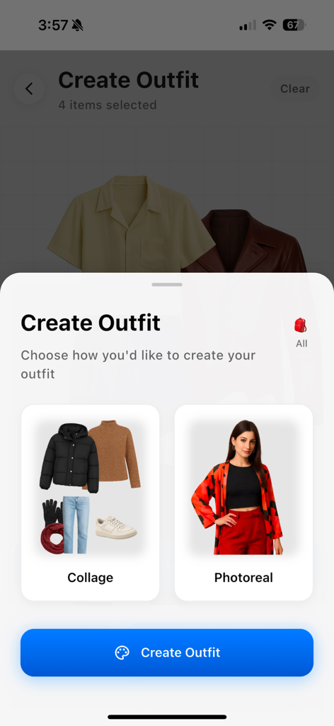 GRWM: Outfits - Interface showing options to create an outfit using a collage of items or a photoreal model view