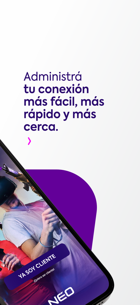 Mi Neo - Introductory screen of the Mi Neo app for managing internet connections with a modern interface and login buttons