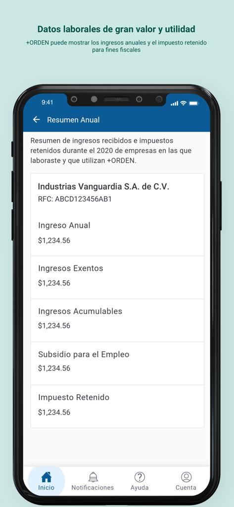 Pantalla de resumen anual en la aplicación +ORDEN que muestra información sobre nómina y retenciones de impuestos para empleados.