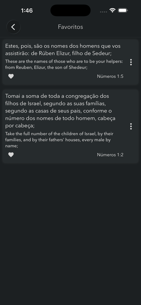 Bíblia Sagrada em Português - Tela de favoritos do aplicativo Bíblia Sagrada em Português exibindo versículos bilíngues em modo escuro.