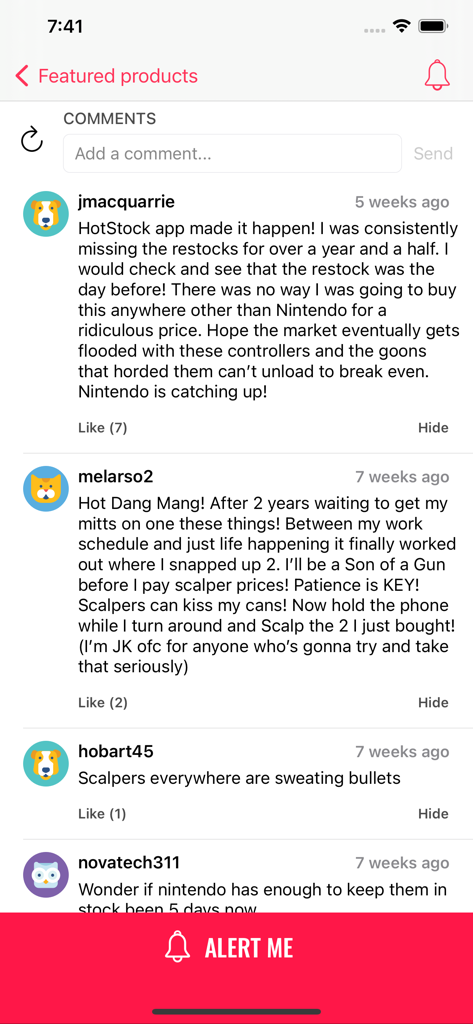 User comments and success stories about finding hard-to-get products on the HotStock app