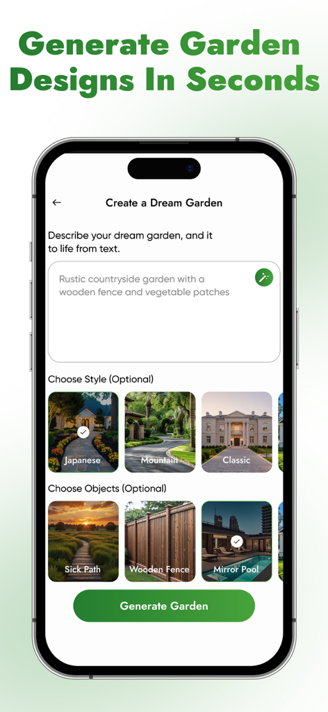 Bildschirm der KI- Gartendesign-App zum Generieren von benutzerdefinierten Landschaften mit Textaufforderungen und Stilauswahlen