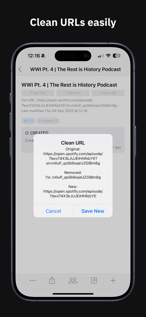 Una interfaz móvil de la aplicación Subset Network que muestra una ventana modal que elimina los parámetros de seguimiento de una URL de Spotify para crear un enlace limpio.