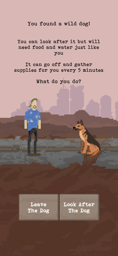 The Wanderer: Post-Nuclear RPG - Pixel art scene showing a choice to adopt a wild dog companion in The Wanderer RPG
