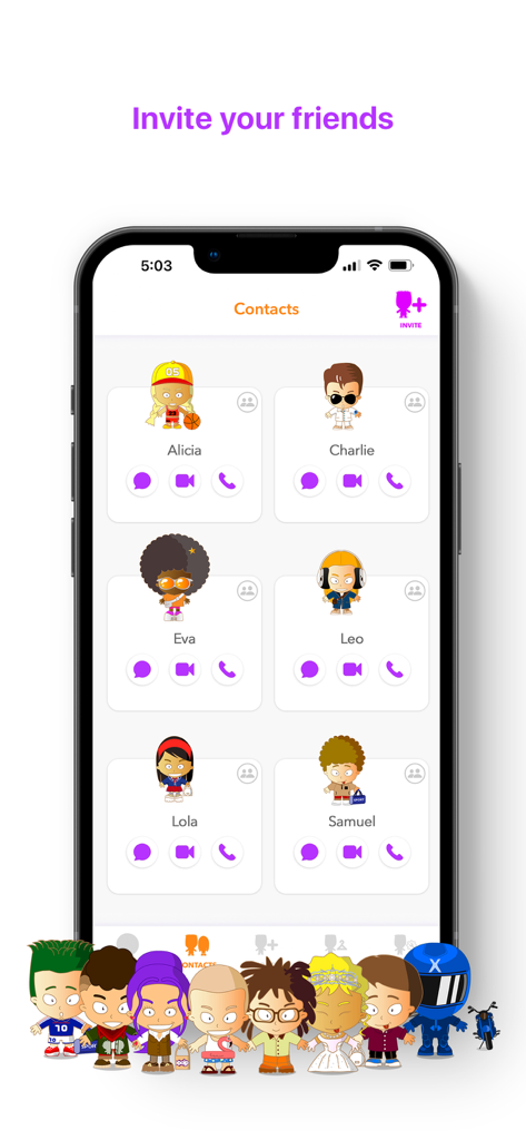 Xooloo Messenger für Kinder Benutzeroberfläche zeigt eine Kontaktliste mit bunten Cartoon-Avataren und Chat-Optionen