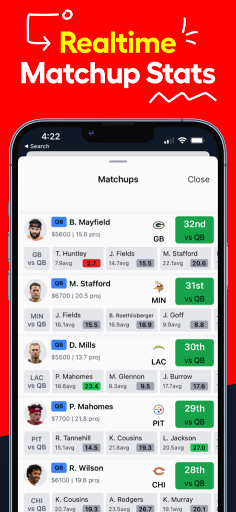 LineStar app displaying real-time matchup stats and player projections for NFL quarterbacks