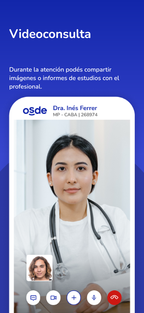 CMO (OSDE) - Video call interface within the CMO OSDE app showing a virtual medical consultation with a female doctor