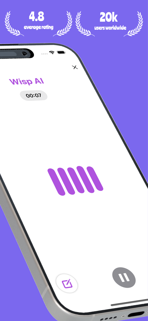 Wisp AI Note Taker - Wisp AI Note Taker mobile interface showing active recording with user rating and global user count