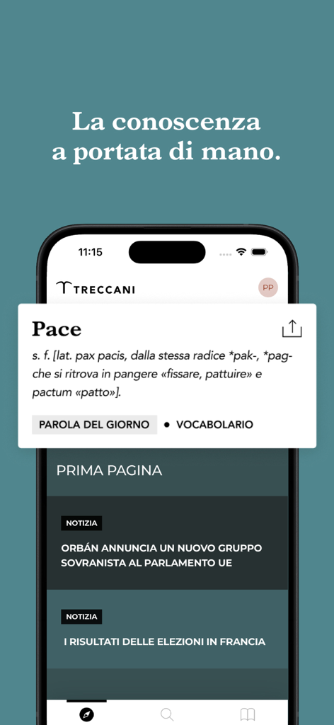 Interface de l'application Treccani affichant une définition de vocabulaire italien et des actualités culturelles