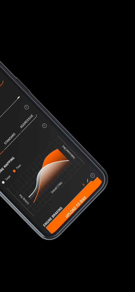 Interfaccia dell'app KTMconnect per la mappatura del motore e la messa a punto delle prestazioni.
