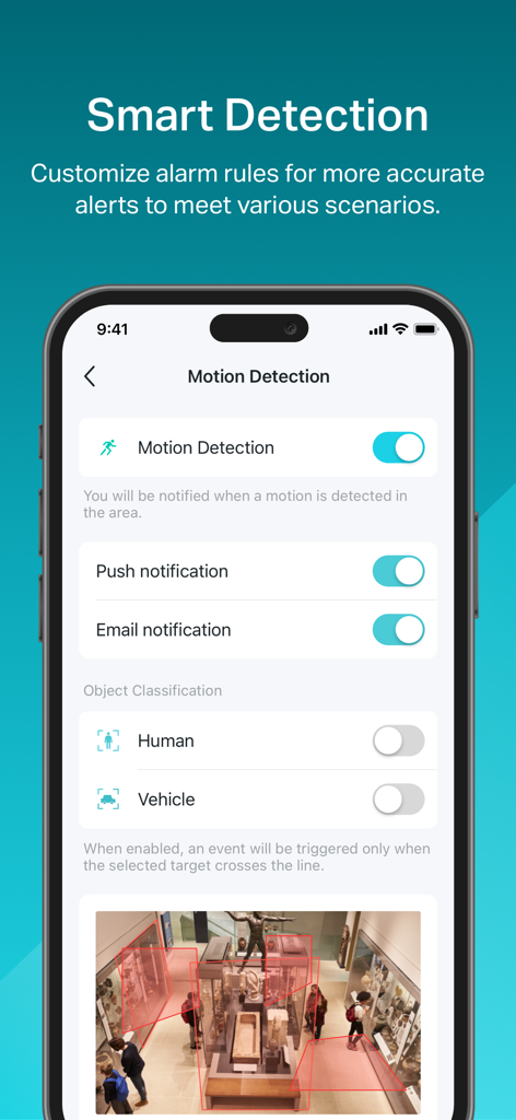 TP-Link VIGI - Smartphone screen showing TP-Link VIGI app smart detection settings and activity zones