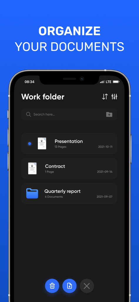 Interface of the Document Scanner app showing organized documents and folders like Presentation and Contract.