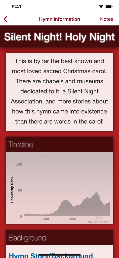Lift Up Your Hearts Hymnal - Hymn information screen for Silent Night showing a popularity timeline chart and historical background.