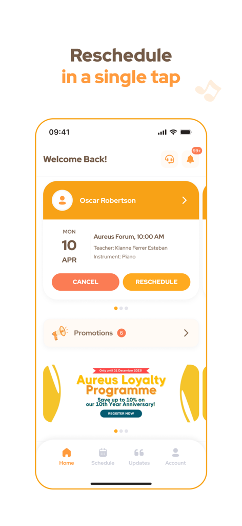 Aureus Academy app interface showing how to reschedule a music lesson