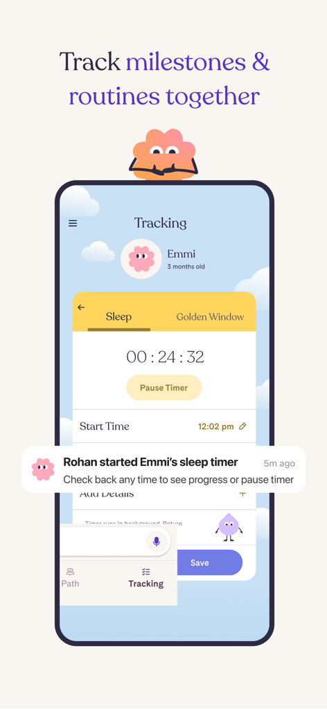 Riley: Baby Development Coach - Interfaccia dell'app Riley che mostra il monitoraggio del sonno del bambino e notifiche di routine condivise per i genitori.