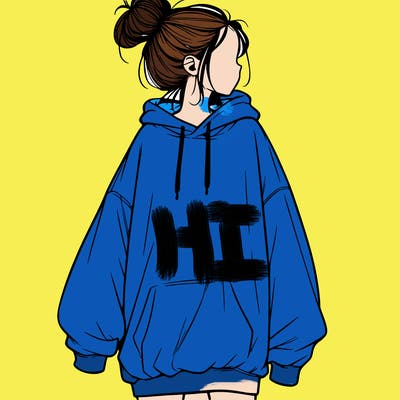 realistic girl with a oversized sweatshirt on and a bun
