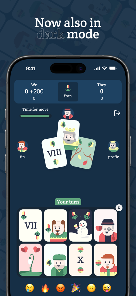 Bela Online - Belote & Friends - Interfaz del juego de cartas Bela Online en modo oscuro con cartas húngaras y juego multijugador