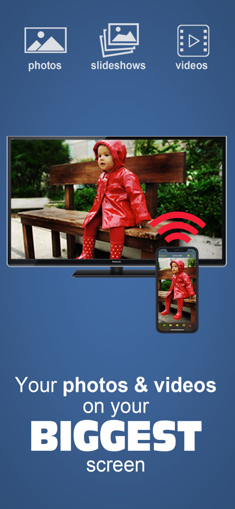 Photo Video Cast to Chromecast - An iPhone casting a photo of a child to a large television screen using the Photo Video Cast app