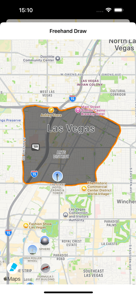 Emulator GPS App: GPS Joystick - Interface showing the freehand draw feature on a map of Las Vegas