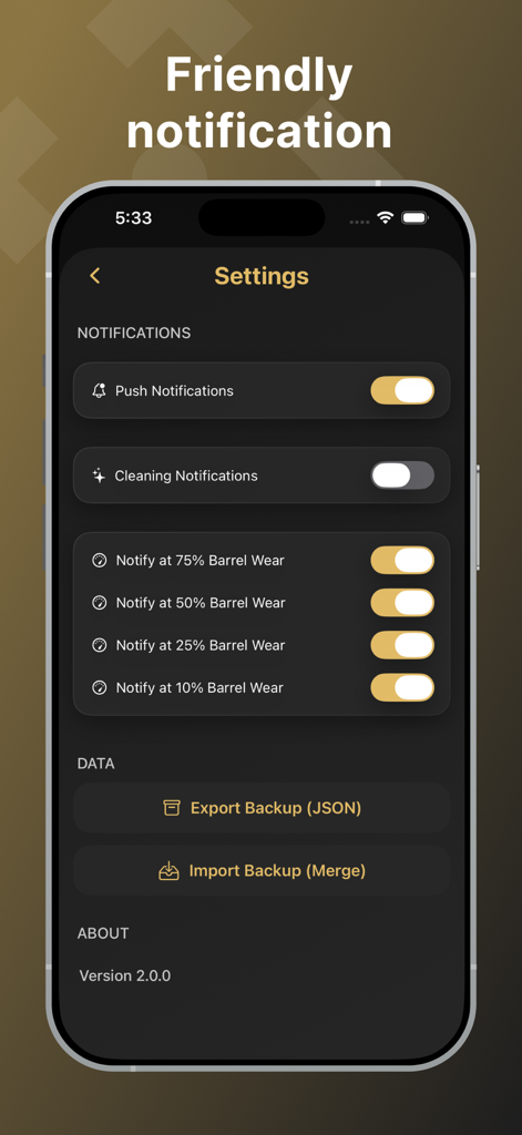 ShotStat - ShotStat app settings screen showing notification toggles for barrel wear milestones and data backup options