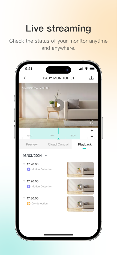 CamVigil - CamVigil app interface displaying live streaming and motion detection playback for a baby monitor.