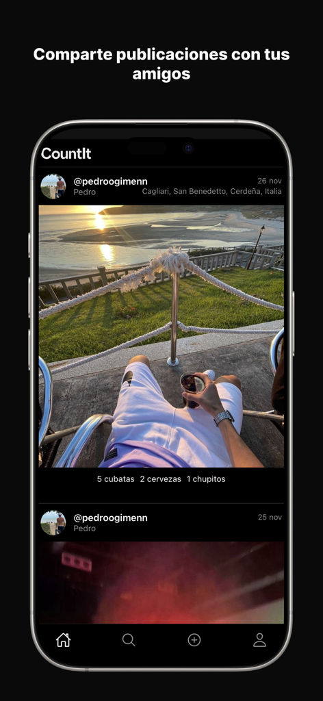 A smartphone displaying the CountIt social feed with a photo post of a beach at sunset and drink counters.