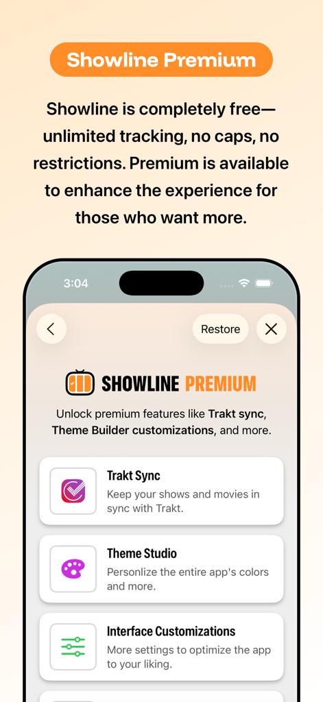 Showline: TV & Movie Tracker - Showline Premium upgrade screen highlighting Trakt sync and theme studio customization options