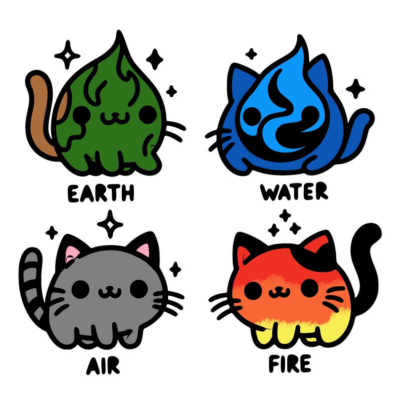 4 cats that represent the different elements, earth, water, air, and fire