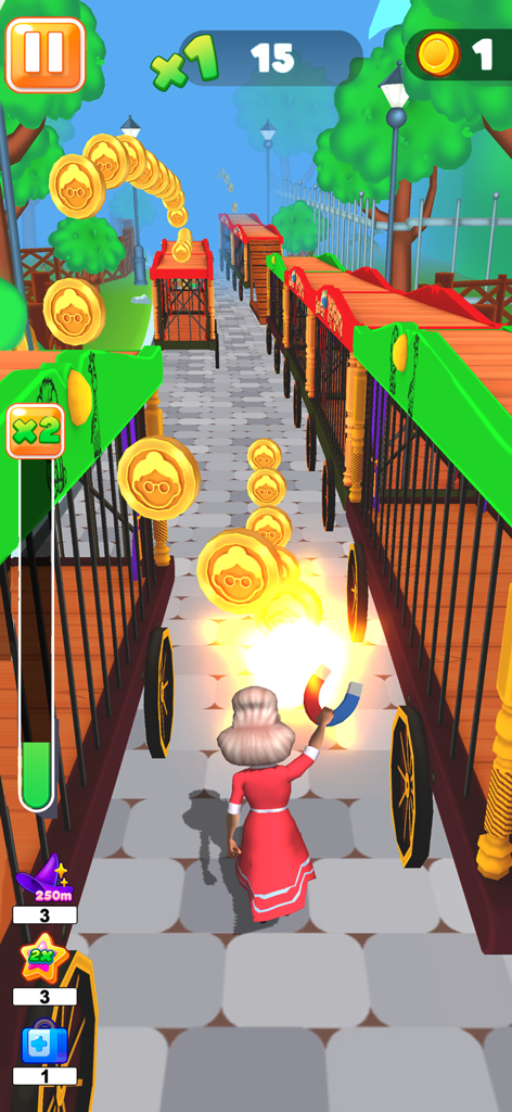 Granny Run 3D runner Game - Granny using a magnet power up to collect coins in the 3D runner game