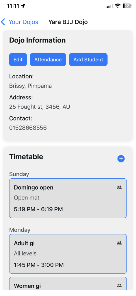 Dojo app dashboard showing BJJ gym information and class schedule.