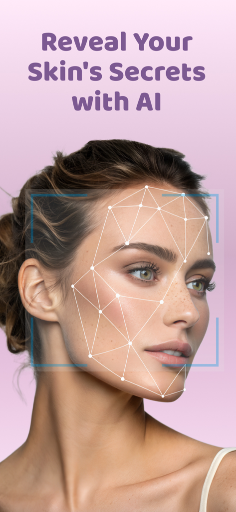 AI skin scanner feature in Glowify app analyzing a woman's face with a digital mapping overlay