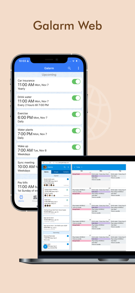 Galarm - Alarms and Reminders - Galarm web and mobile interface showing synchronized alarms and calendar view
