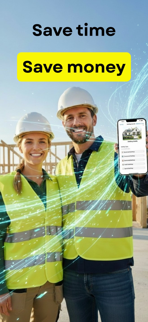 Construction Calculator AI - Two construction workers in safety vests and hard hats holding a smartphone showing the BuildCost Calculator AI app with Save Time and Save Money text