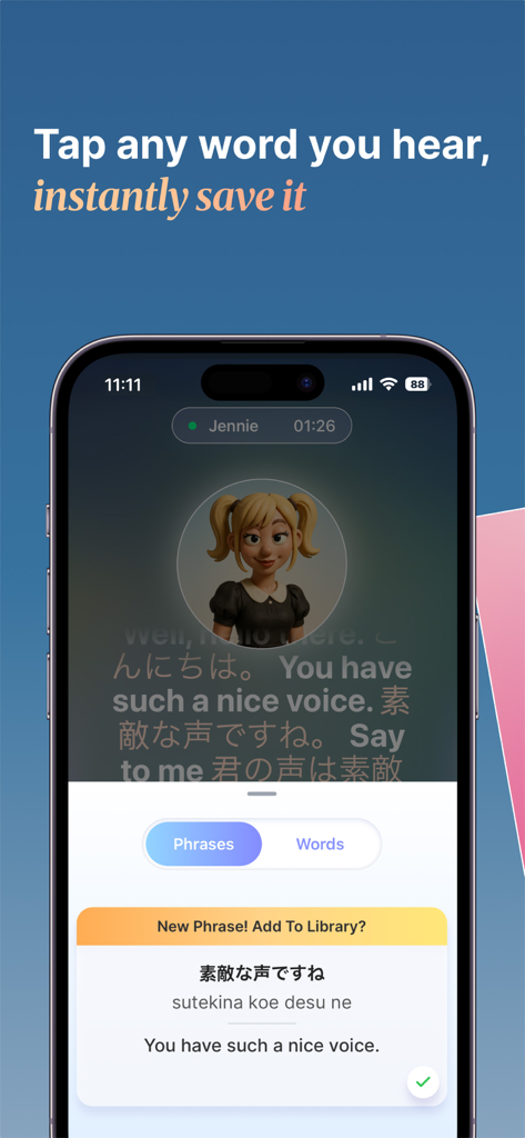Una schermata di smartphone che mostra l'interfaccia dell'app Mad Fluent dove un utente può salvare una frase giapponese da una conversazione con un personaggio IA.