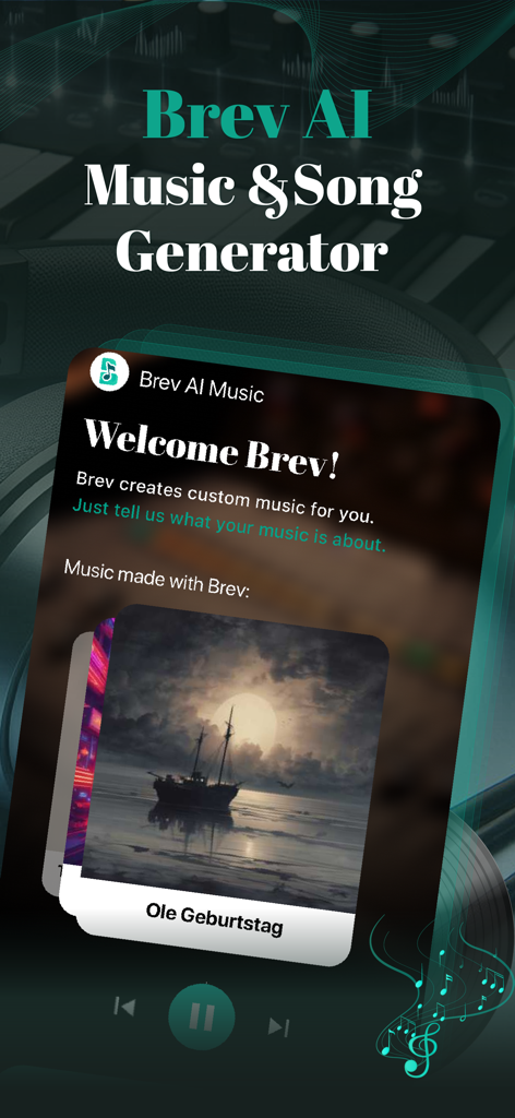 Interfaccia dell'app Brev AI Music and Song Generator che mostra una traccia musicale personalizzata intitolata Ole Geburtstag