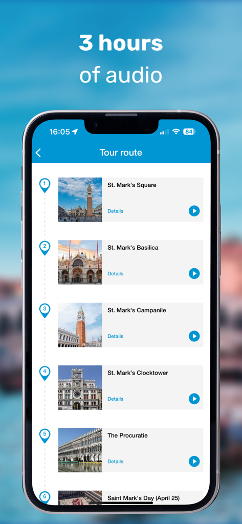 Venice Audio Guide Offline Map - Una schermata di un'app mobile che mostra un itinerario di tour a piedi curato dei punti di riferimento di Venezia con opzioni di audioguida