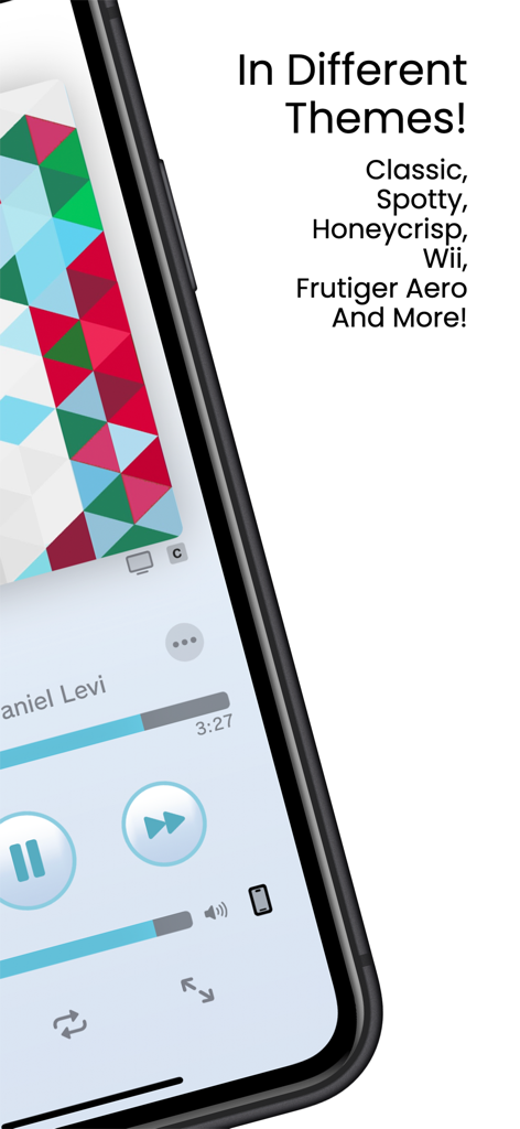 Openmusic - Openmusic app interface showing a custom music player theme with options like Frutiger Aero and Wii
