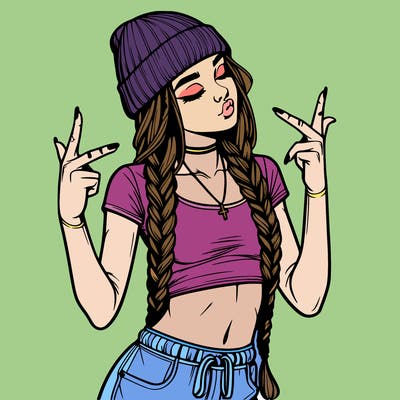 realistic teenage girl with braids and a beanie and crop top doing 🫶🏼