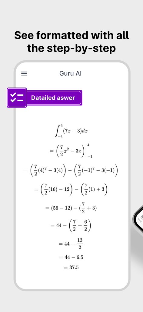 Uma tela de celular do Guru AI mostrando um cálculo detalhado passo a passo de uma integral definida.