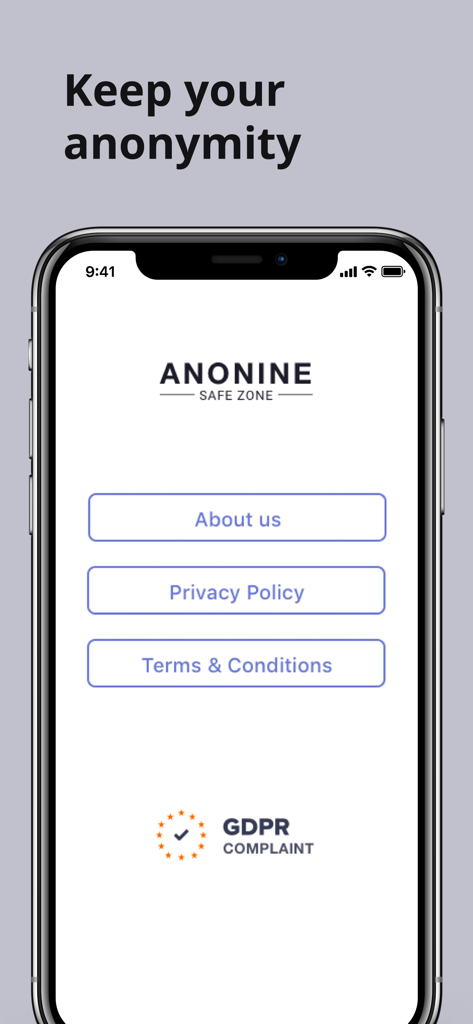 Anonine - Best VPN Service - Anonine VPN app interface showing links to privacy policy and terms of service with a GDPR compliance badge