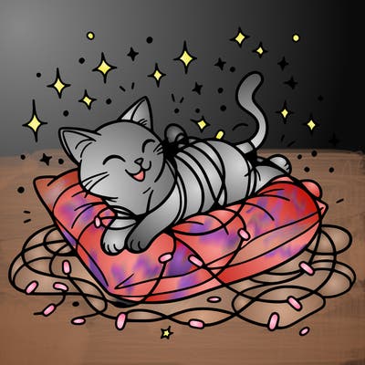 a cat happily tangled in glowing lights, lounging on a big cushion, clean lines, simple design, uncomplicated, tatoo desing