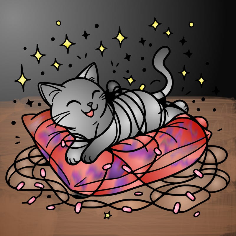 a cat happily tangled in glowing lights, lounging on a big cushion, clean lines, simple design, uncomplicated, tatoo desing