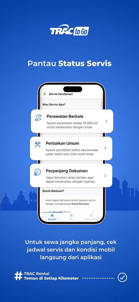 TRACtoGo: Rental Mobil & Bus - Smartphone mostrando a interface do aplicativo TRACtoGo para monitorar o status de serviço e manutenção do carro