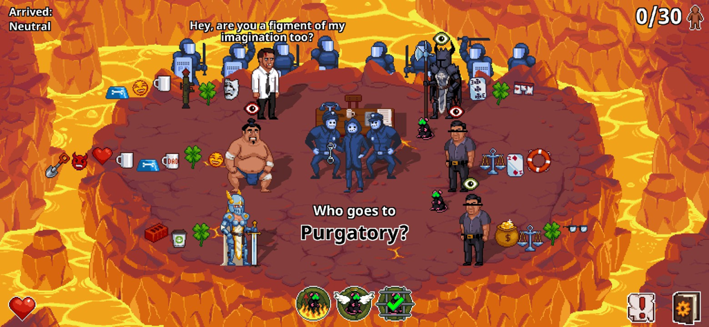 Peace, Death! 2 - Peace, Death! 2의 픽셀 아트 게임플레이 화면으로, 용암으로 둘러싸인 플랫폼에서 분류될 다양한 캐릭터와 '누가 연옥으로 가는가'라는 텍스트가 표시됩니다.