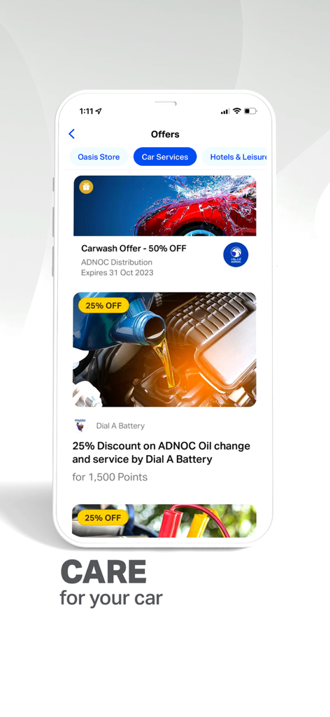 Screen from the ADNOC Dist app displaying car service offers and rewards including carwash and oil change discounts.