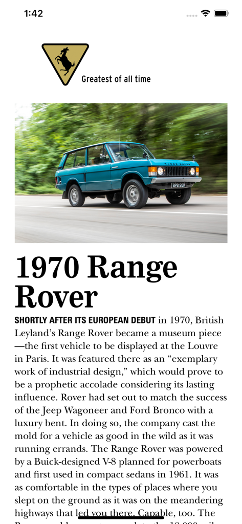 Car and Driver Magazine US - A vintage blue 1970 Range Rover featured in a Car and Driver Magazine digital article.