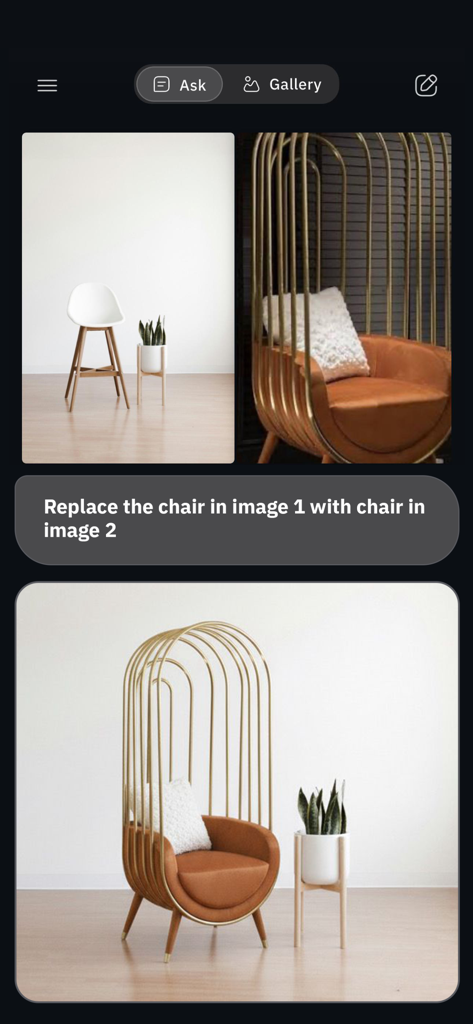 Gimin app interface showing AI furniture replacement and interior design feature