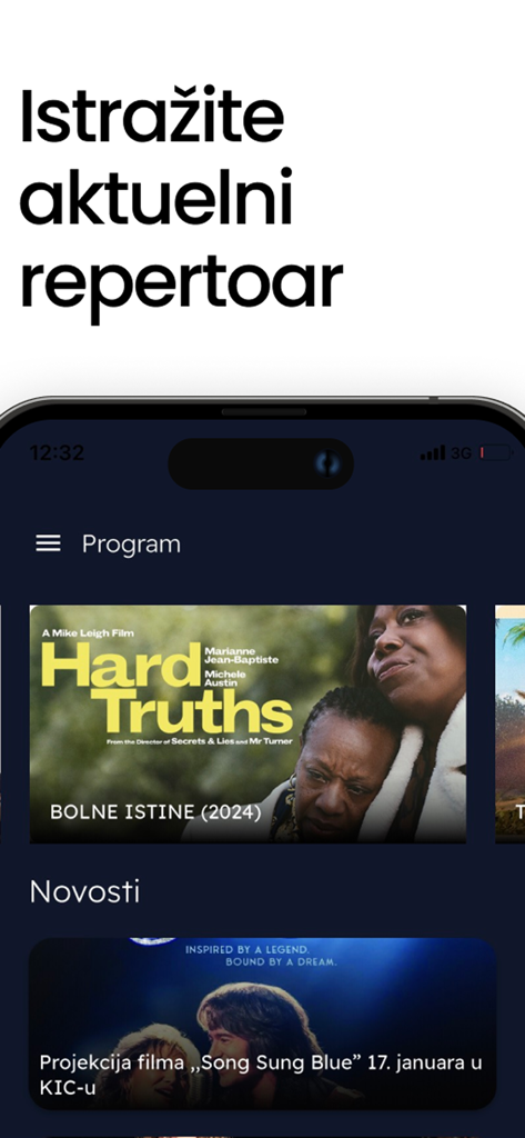 KIC Podgorica - Interface of the KIC Podgorica app featuring a film repertoire and news section