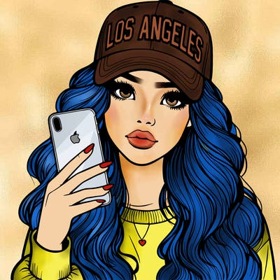 realistic beautiful girl wearing los ángeles cap holding an iphone