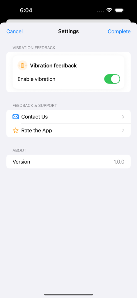 BallDecide-Magic 8Ball Fortune - Schermata delle impostazioni dell'app BallDecide che mostra l'interruttore di feedback delle vibrazioni e le opzioni di supporto ai contatti.